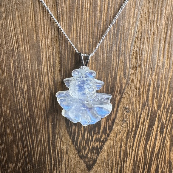 Jewelry - Blue Flash Moonstone Goldfish Pendant Necklace on Sterling Silver Box Chain